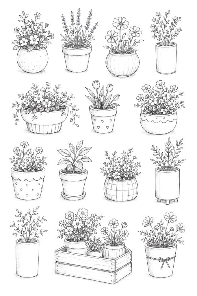 Black and white sketches of various potted plants and flowers for creative drawing.