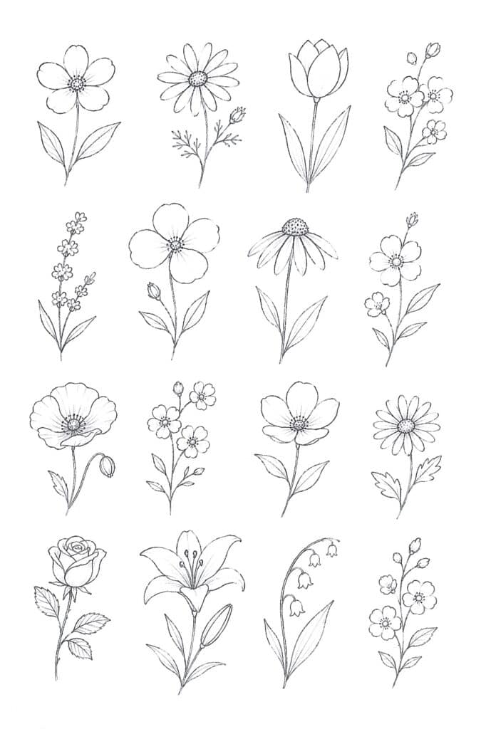 Hand-drawn floral sketches for art, doodles, and creative projects.