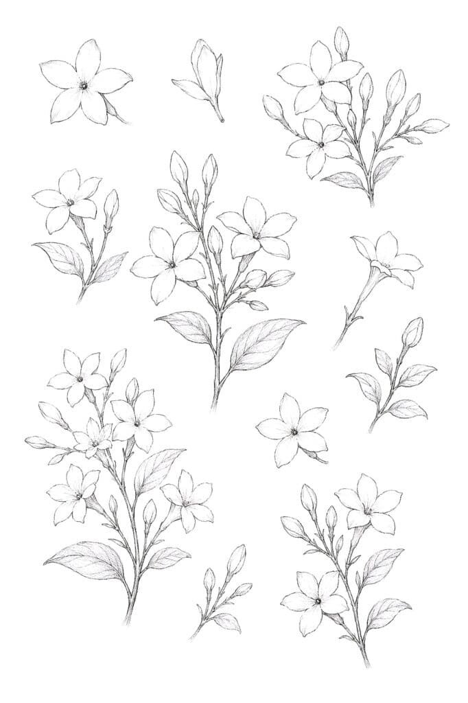 Hand-drawn sketches of various flowers and leaves, perfect for art and design projects.