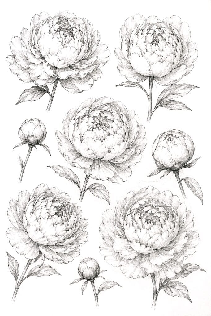 Detailed pencil sketches of blooming peony flowers and buds.