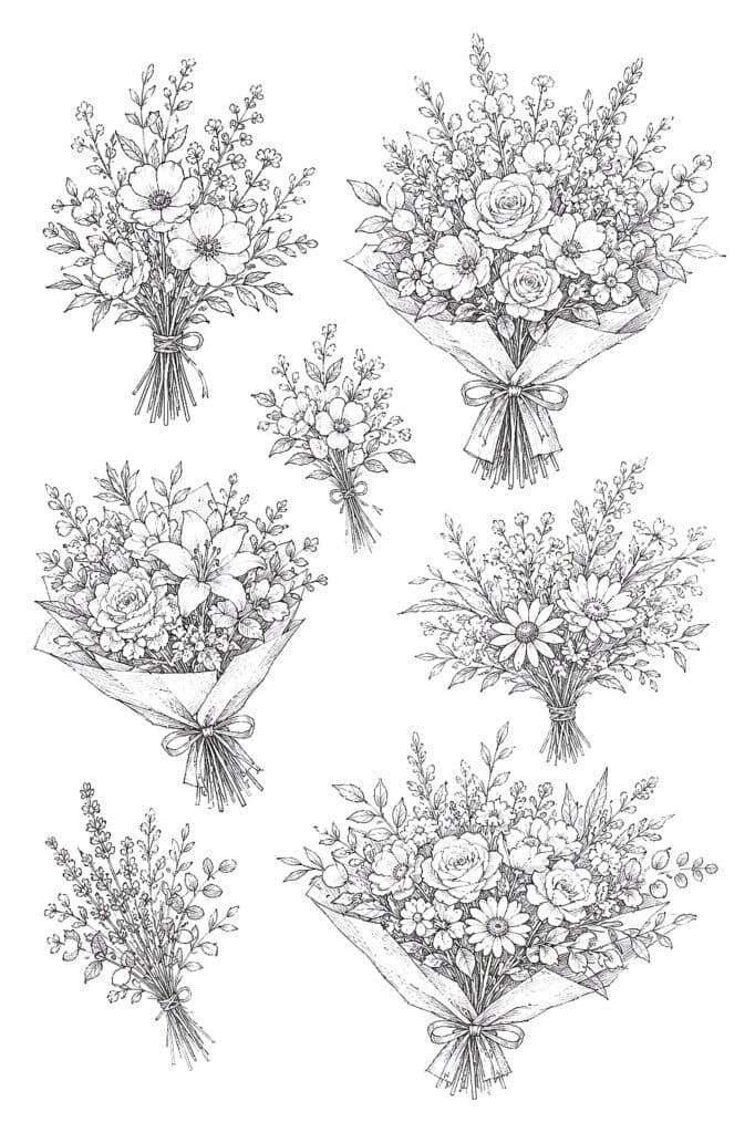 Detailed sketches of various flower bouquets for doodling, art, and craft projects.