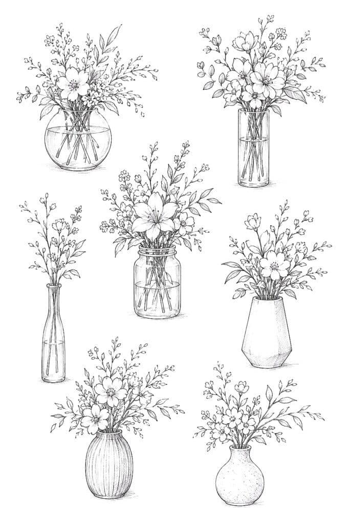 Elegant floral arrangements in various vases for art and design inspiration.
