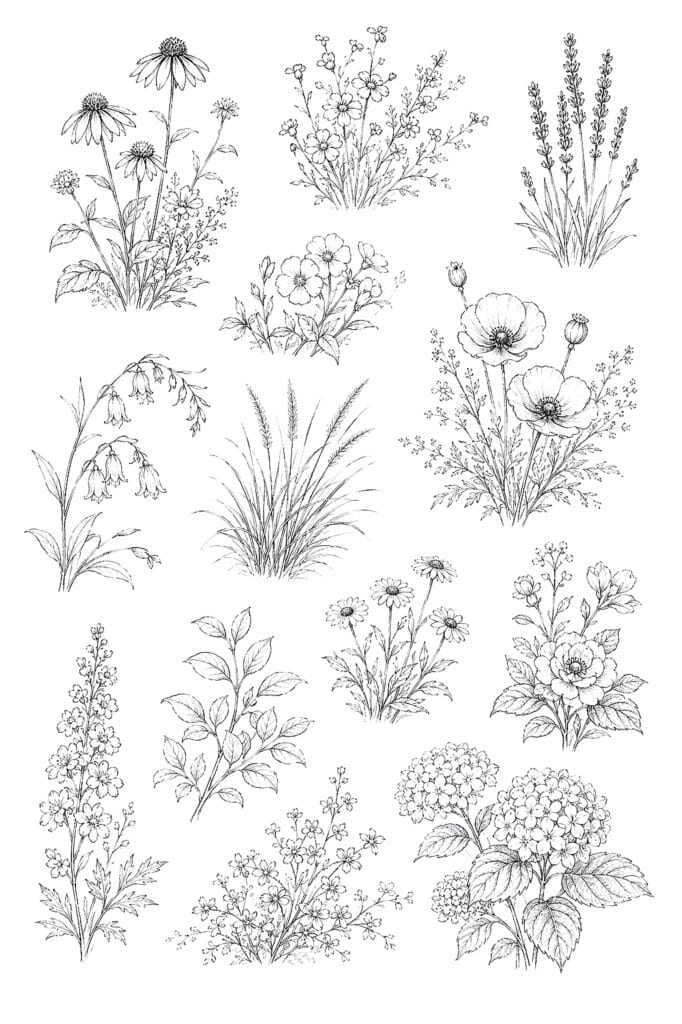 Detailed black and white floral sketches for art and design.