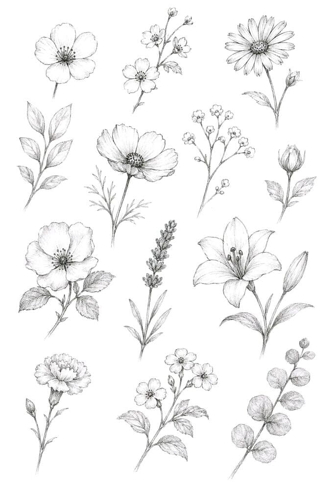 Hand-drawn floral sketches including flowers, leaves, and botanical elements for art and design proj.