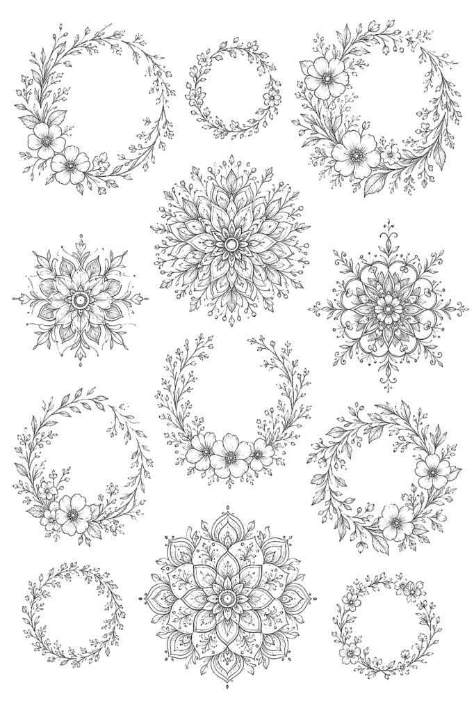 Intricate black and white floral doodle illustrations for creative projects.