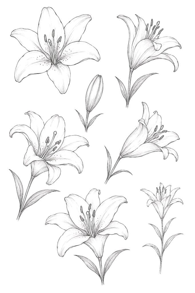 Detailed pencil sketches of various lily flowers and buds for drawing practice.