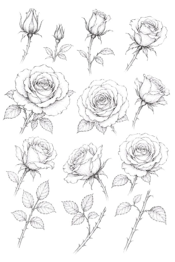 Detailed pencil sketches of various rose flowers and leaves for art and design.