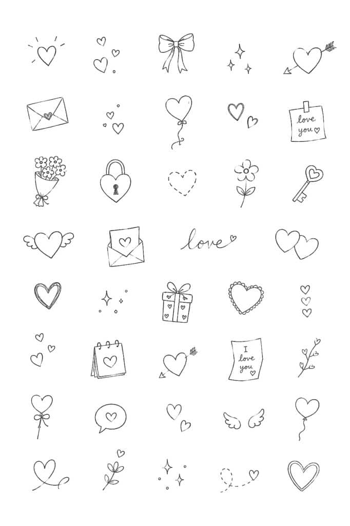 Hand-drawn love hearts, flowers, and romantic doodles for Valentine's Day.
