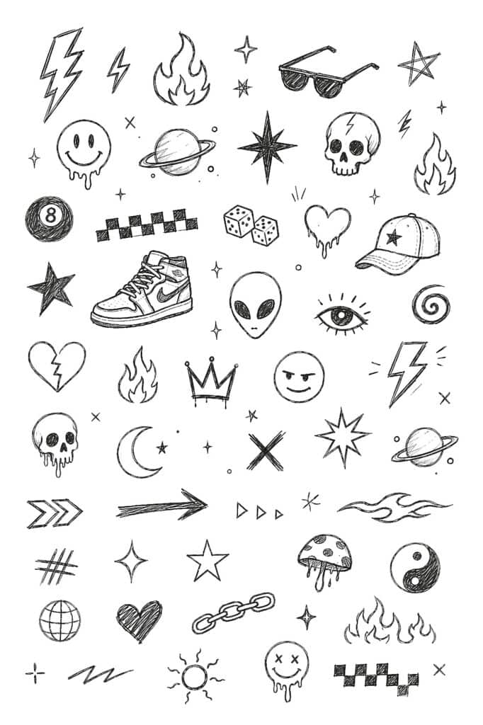 Hand-drawn doodles including skulls, stars, planets, hearts, and more for creative projects.