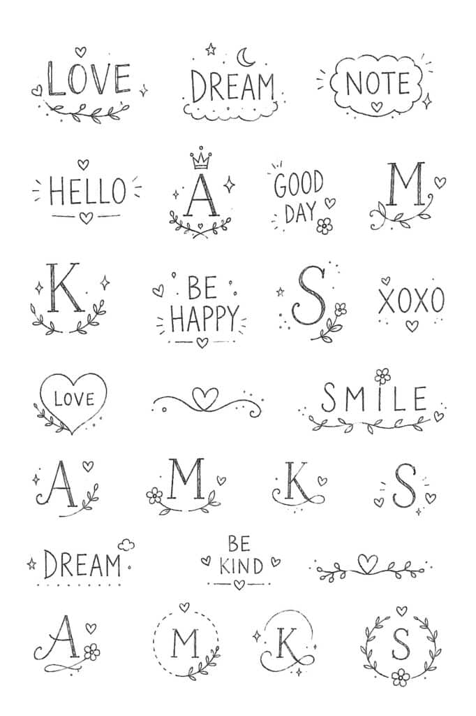 Hand-drawn doodle illustrations of positive words and symbols for creative projects.
