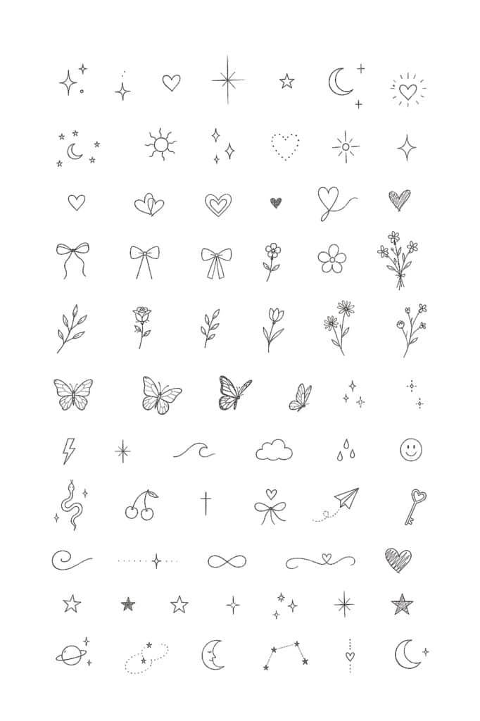 Celestial and nature-themed doodle icons including stars, moons, hearts, flowers, butterflies, and m.