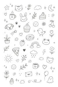 Colorful doodle illustrations of animals, plants, and whimsical objects for art projects.
