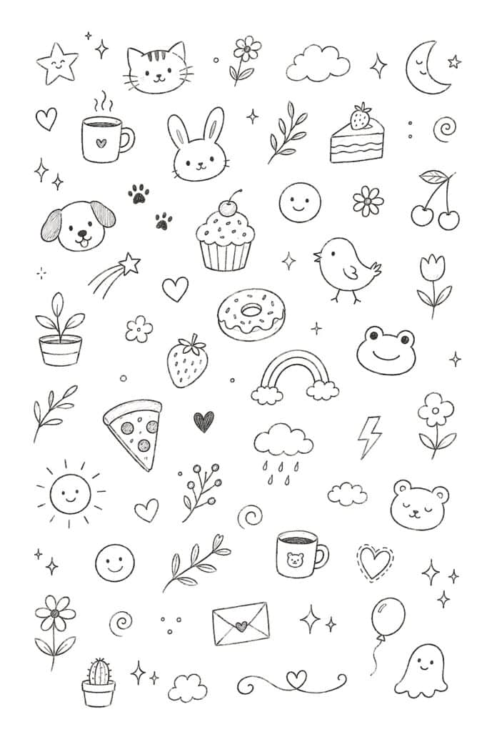 Colorful doodle illustrations of animals, plants, and whimsical objects for art projects.