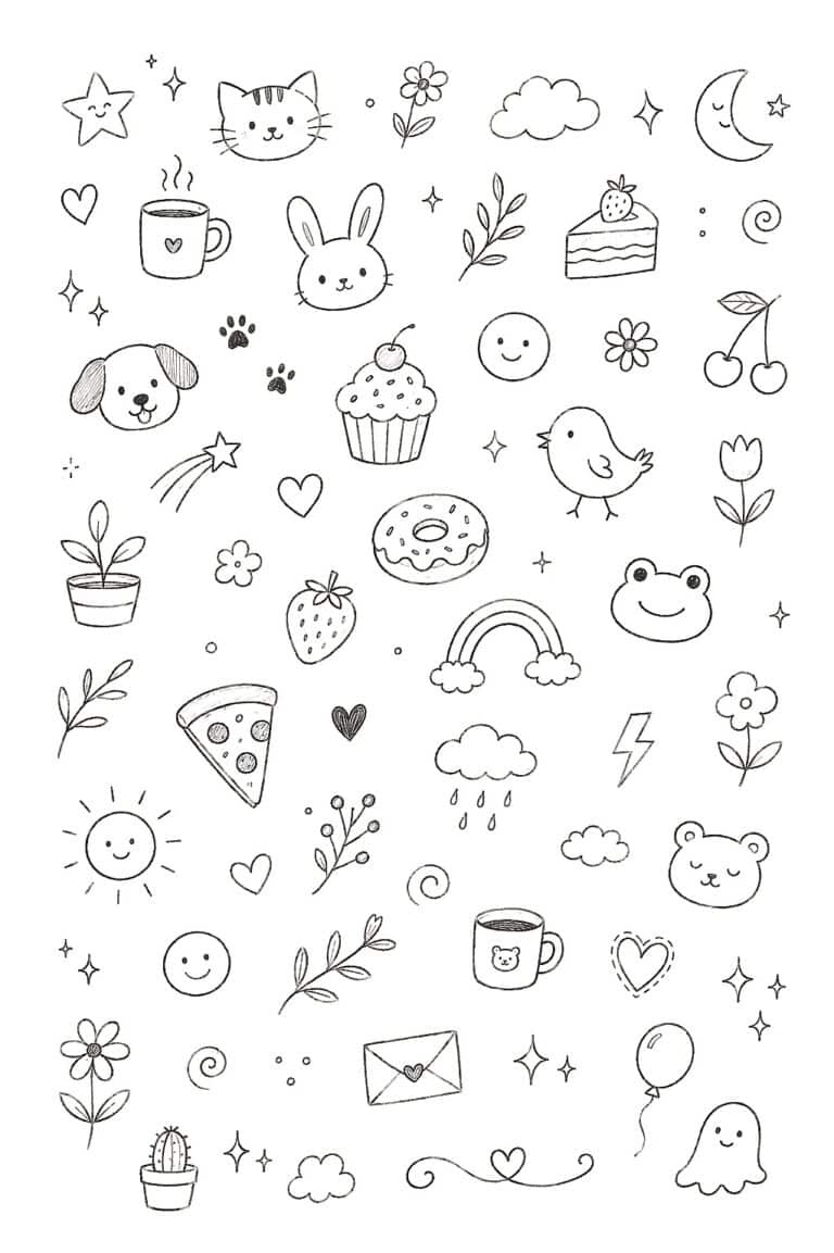 Colorful doodle illustrations of animals, plants, and whimsical objects for art projects.