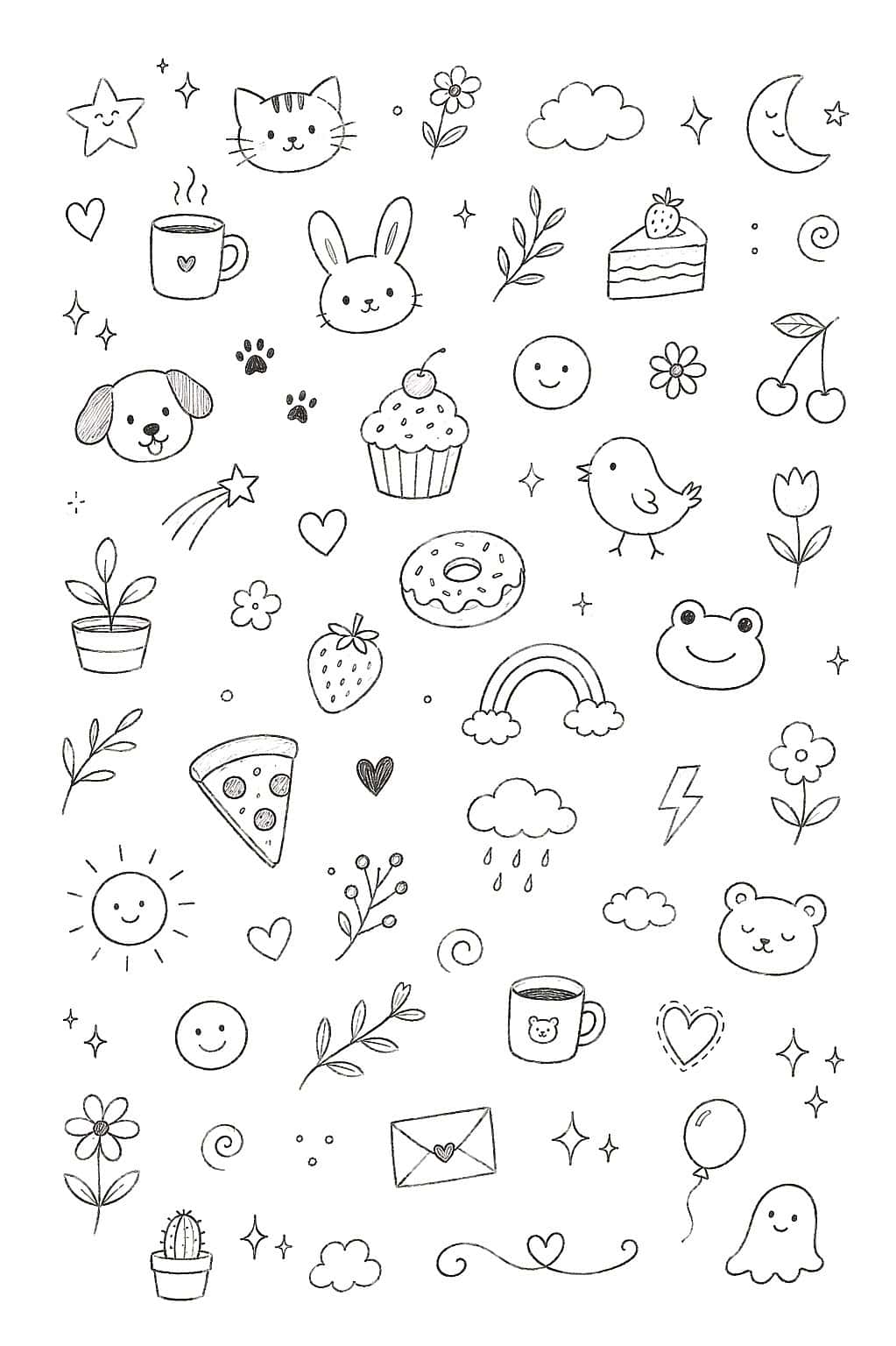 Colorful doodle illustrations of animals, plants, and whimsical objects for art projects.