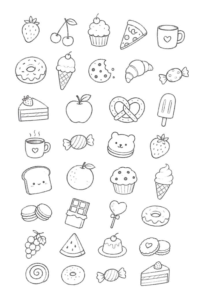 Hand-drawn food and drink icons including cake, ice cream, coffee, pizza, and fruit for creative des.