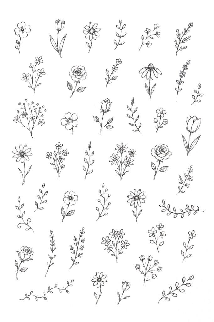 Black and white floral doodles for art and design projects.