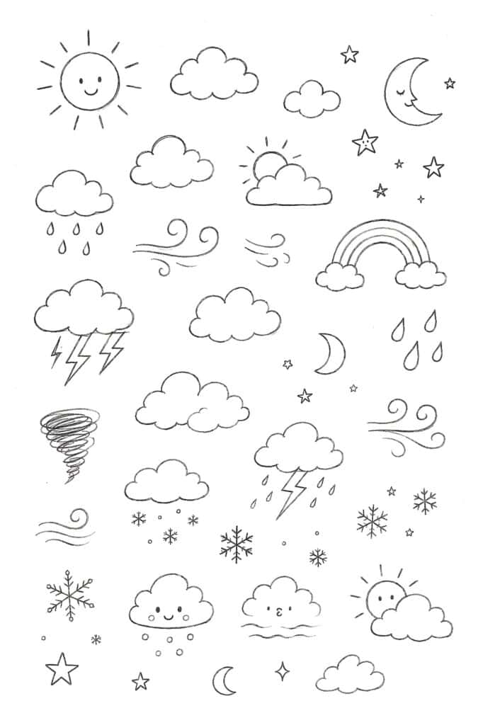 Hand-drawn weather icons including sun, clouds, rain, snow, and lightning for creative doodles.
