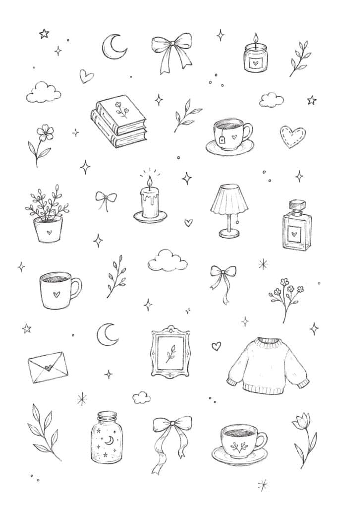 Hand-drawn cozy night scene with books, candles, mugs, and decorative items.