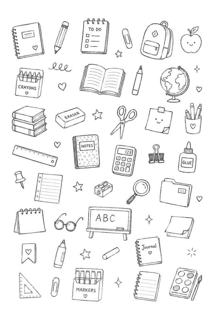 Hand-drawn school supplies including notebooks, pencils, scissors, globe, and art tools.