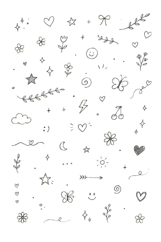 Collection of hand-drawn doodles including hearts, stars, flowers, and butterflies for creative art.