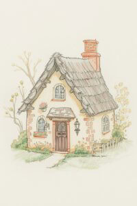 Charming cottage with thatched roof, garden, and chimney in watercolor style.