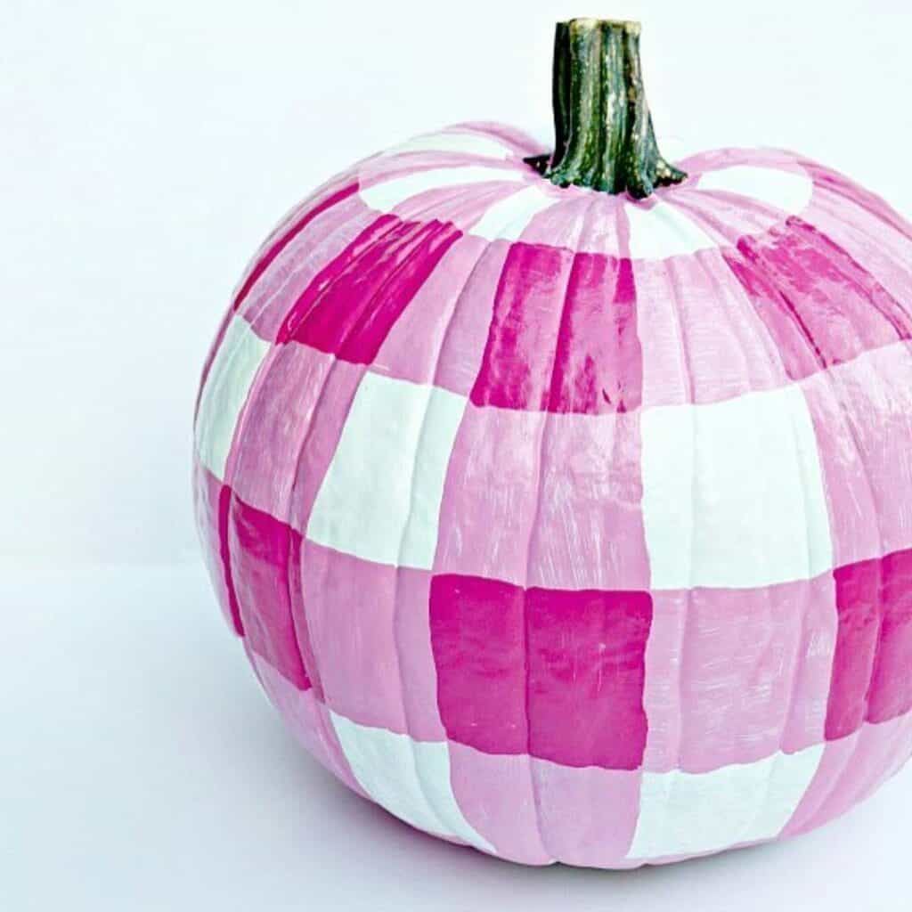 Colorful pink checkered pumpkin with green stem for fall decor.