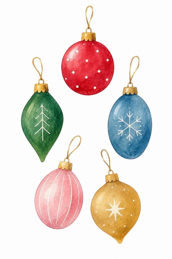 Colorful watercolor Christmas ornaments with gold caps and hanging strings.