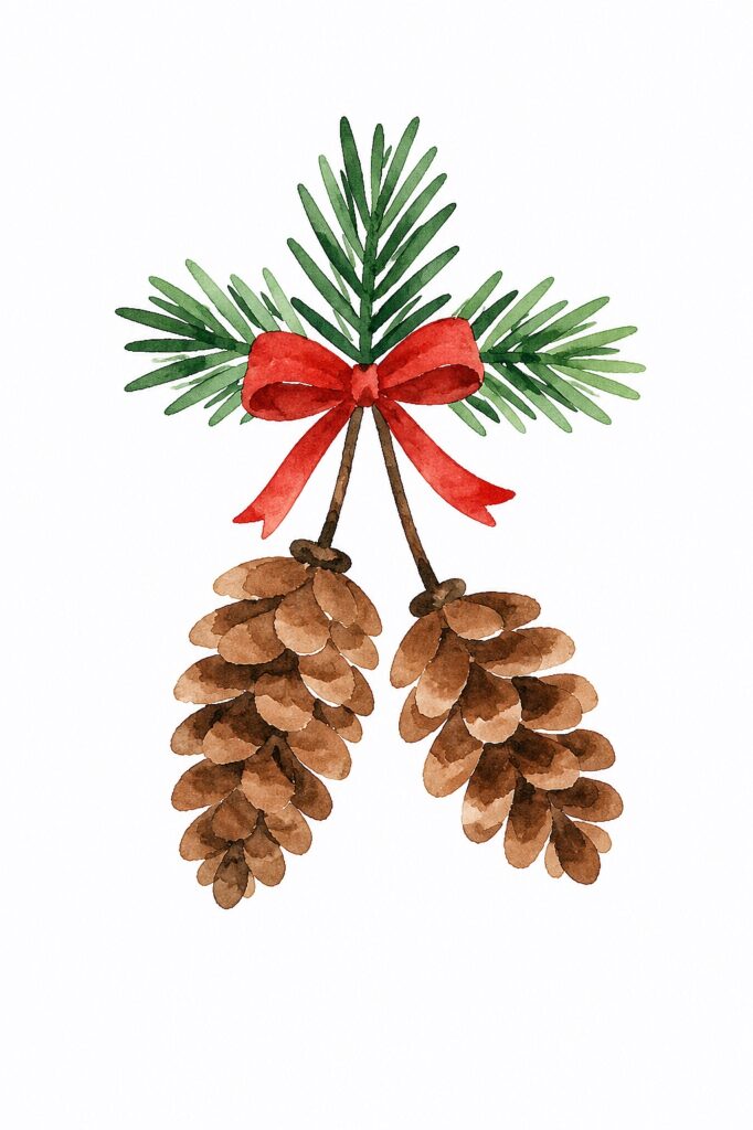 Watercolor Christmas pinecones with green pine branches and red bow.
