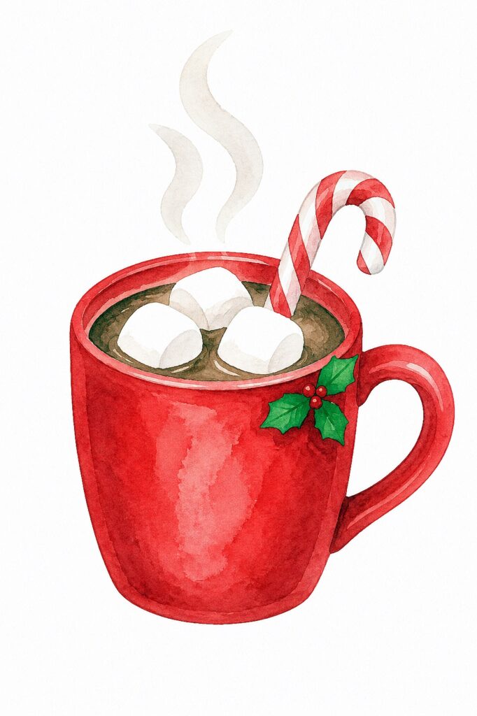Watercolor Christmas hot chocolate with marshmallows and candy cane.