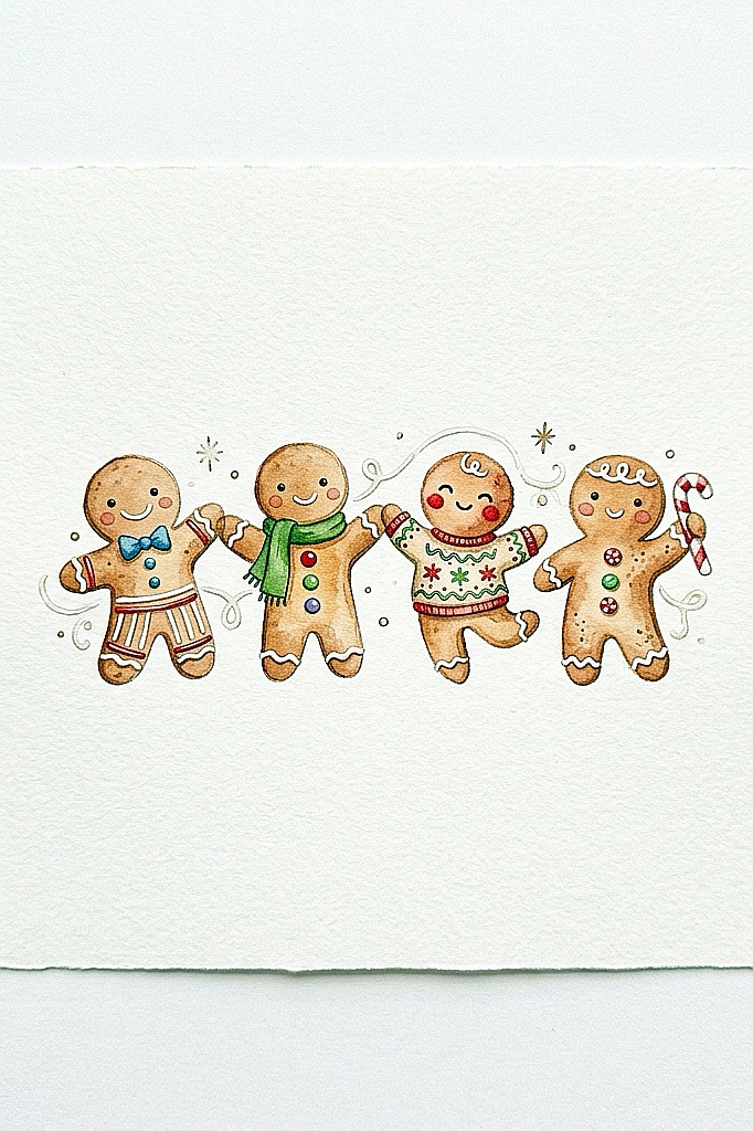 Cute gingerbread cookies with festive outfits and accessories for Christmas.