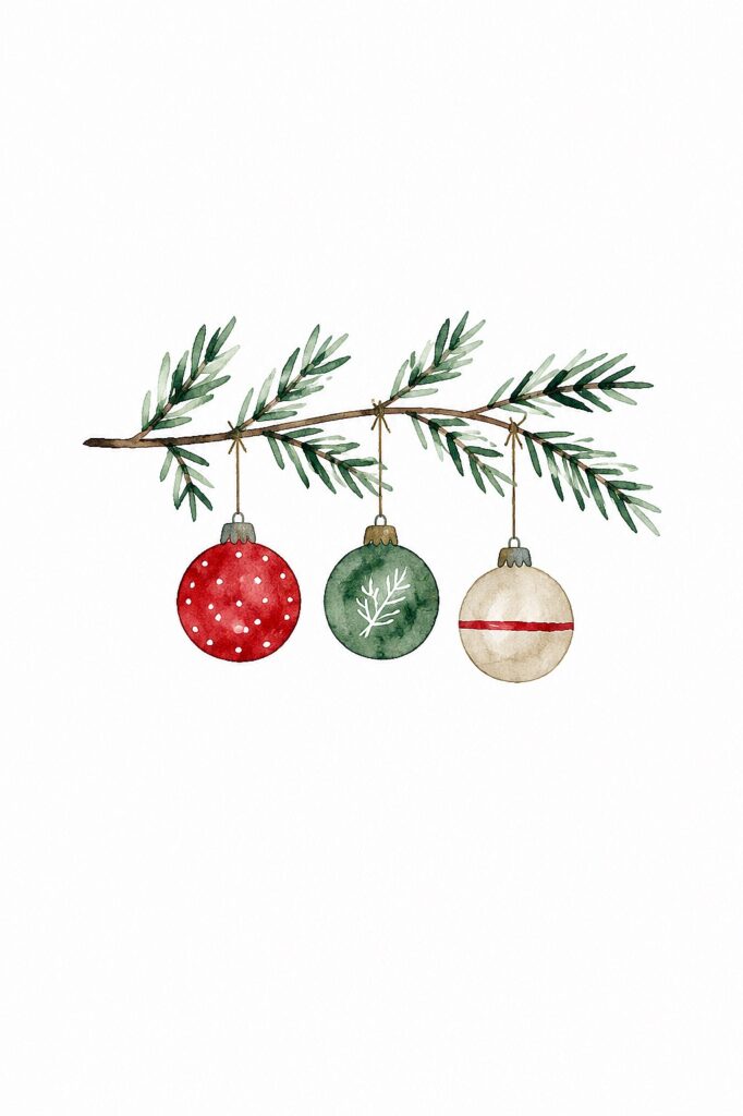 Watercolor Christmas ornaments hanging from pine branch for holiday decor.