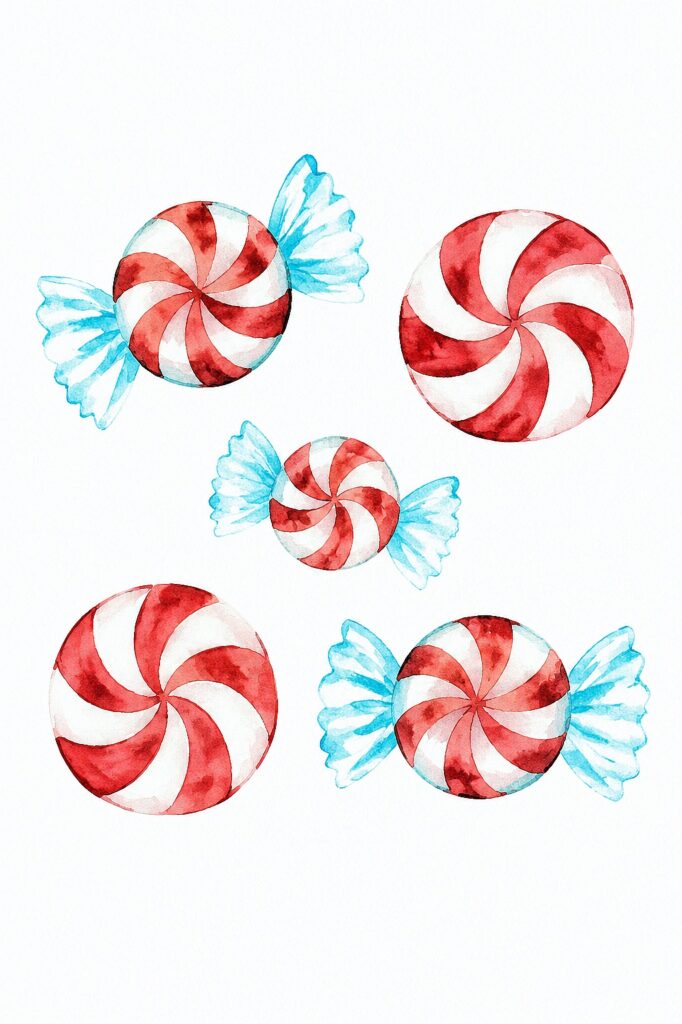 Watercolor illustration of red and white peppermint candies with blue wrappers.