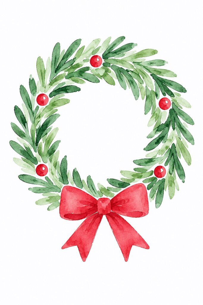 Festive watercolor wreath with red berries and bow for Christmas decor.