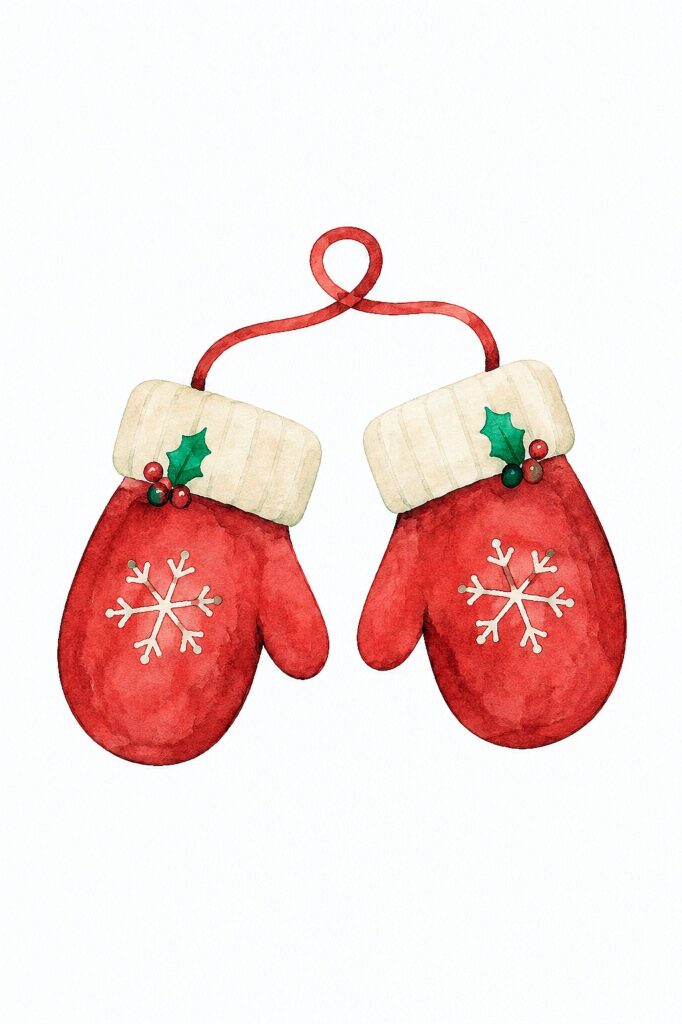 Watercolor painting of red Christmas mittens with snowflakes and holly.