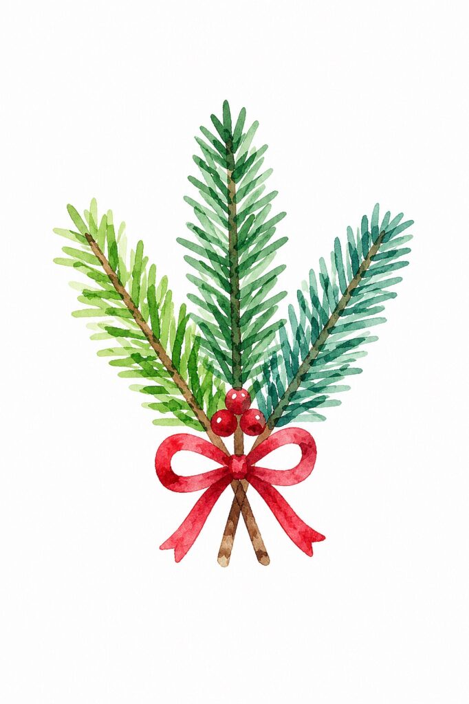 Watercolor painting of pine branches with red berries and a red bow for Christmas.