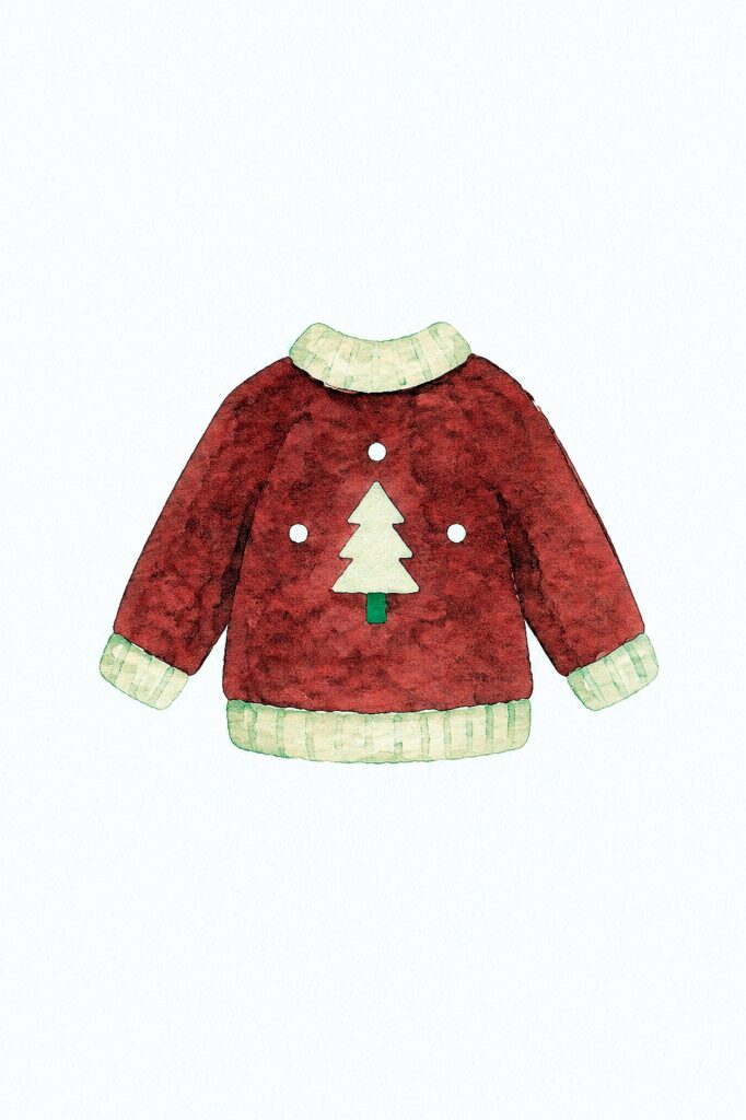 Watercolor painting of a red Christmas sweater with a tree and snowflake design.