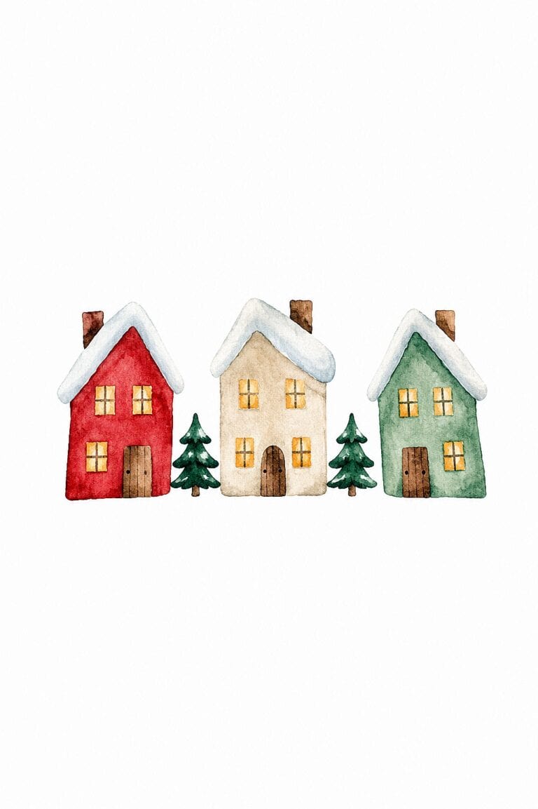 Watercolor painting of three colorful Christmas houses with trees on white background.