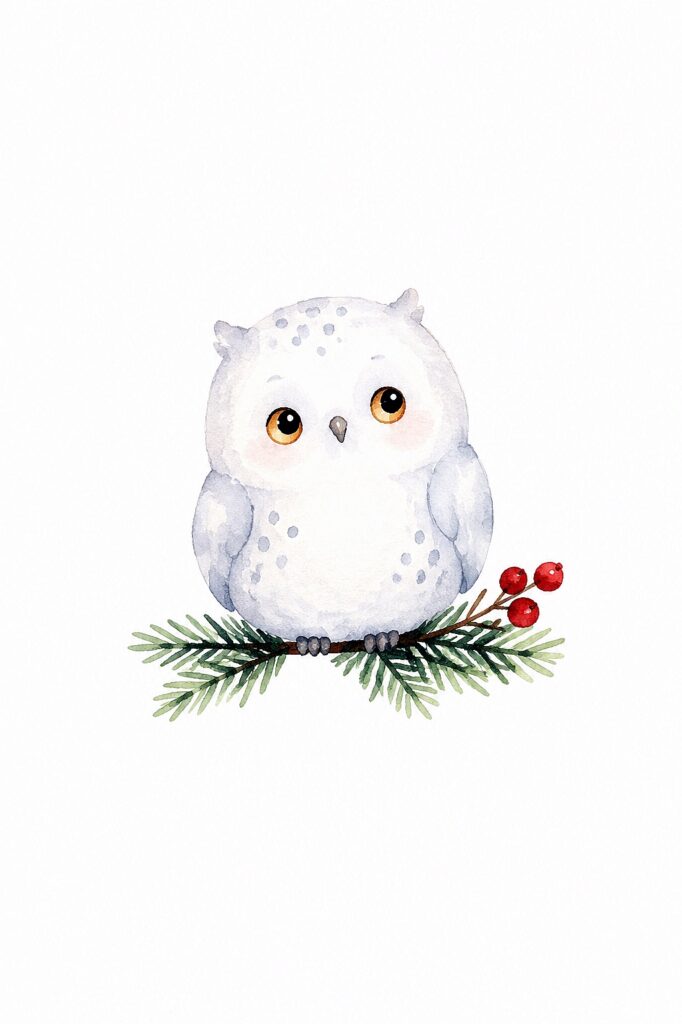 Adorable watercolor owl perched on holly with red berries for Christmas.