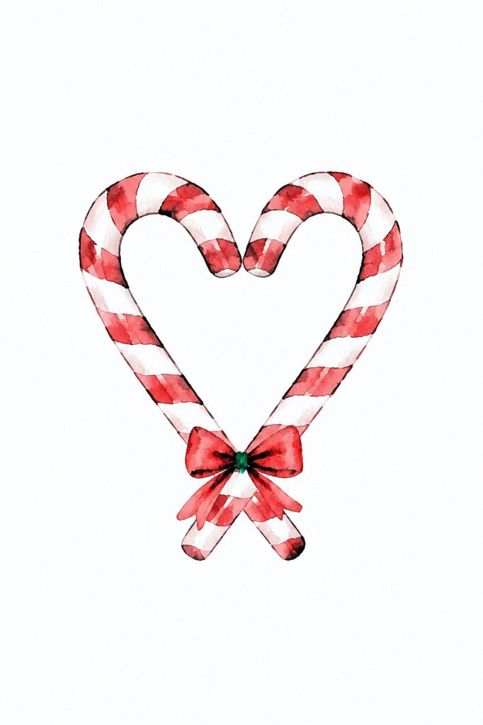 Watercolor candy cane heart with red bow for Christmas decor.