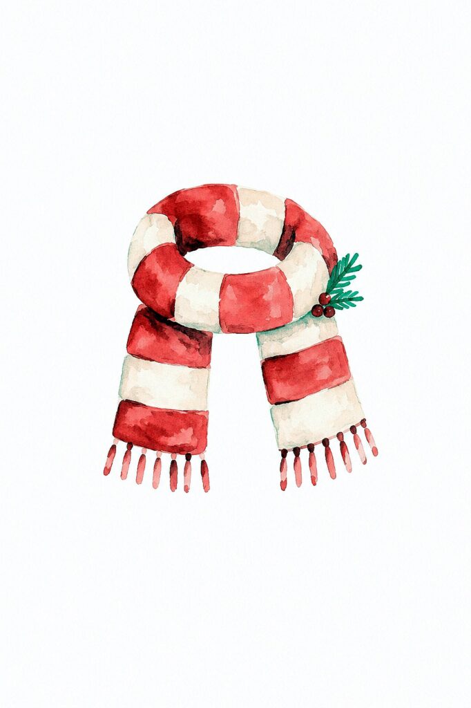 Watercolor red and white striped Christmas scarf with holly and berries.