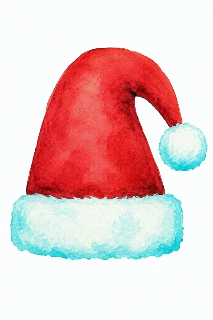 Festive watercolor Santa hat with red top and white fluffy trim.