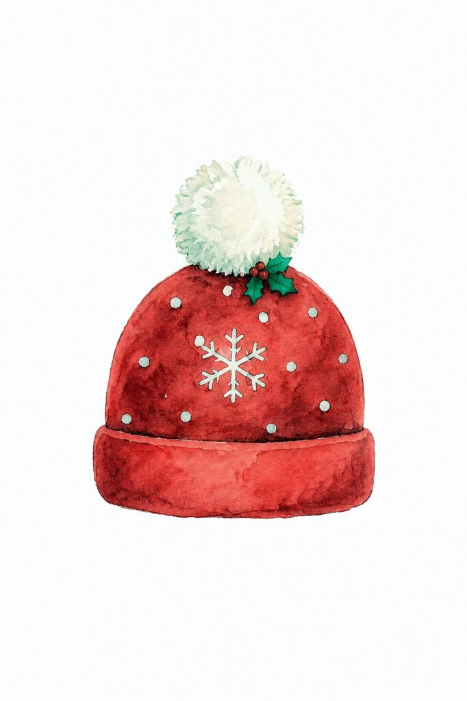 Festive watercolor illustration of a red Christmas hat with snowflake and holly.