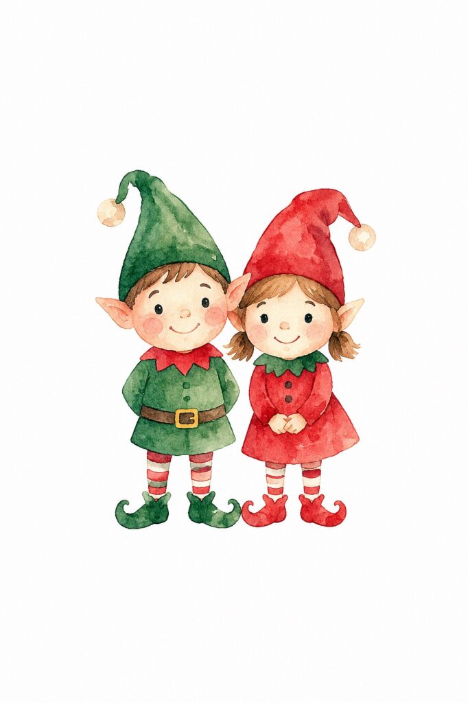 Cute watercolor elves in Christmas outfits with pointy hats and striped socks.