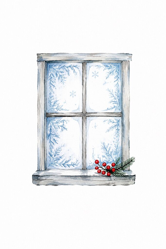Watercolor painting of a winter window with snowflake patterns and holly.
