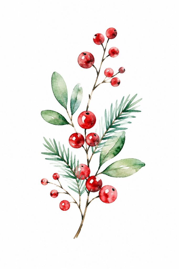 Watercolor Christmas berries with green leaves and pine needles.