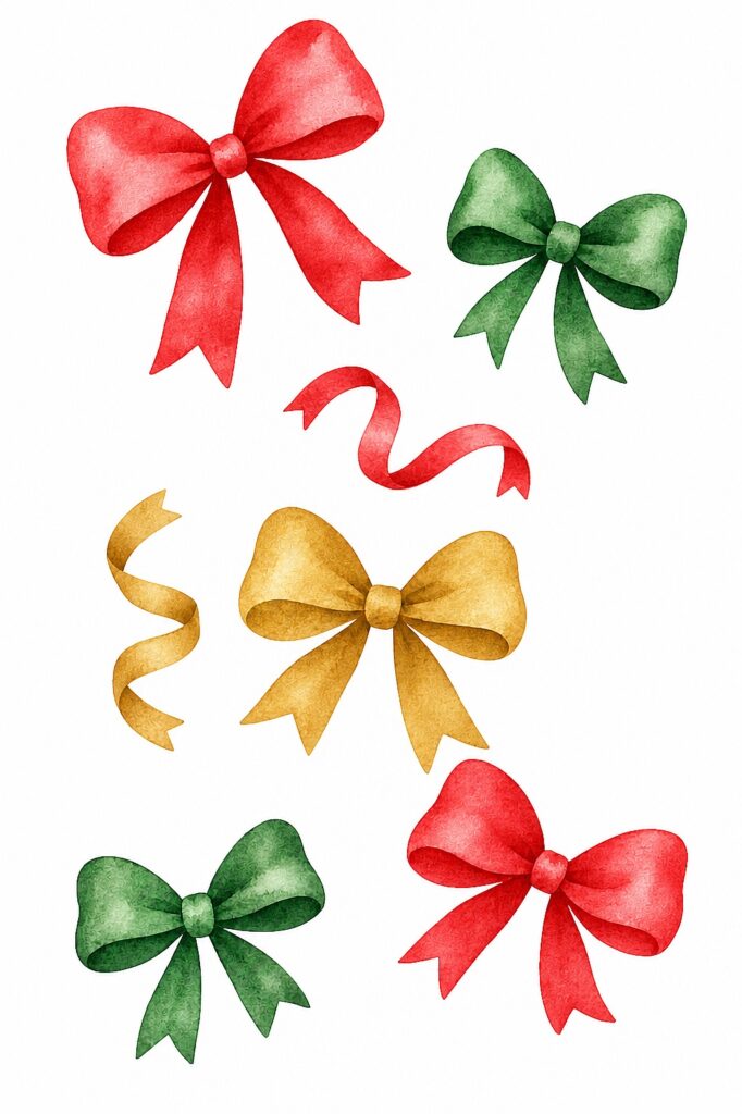 Watercolor red, green, and gold bows with ribbons for Christmas decor.
