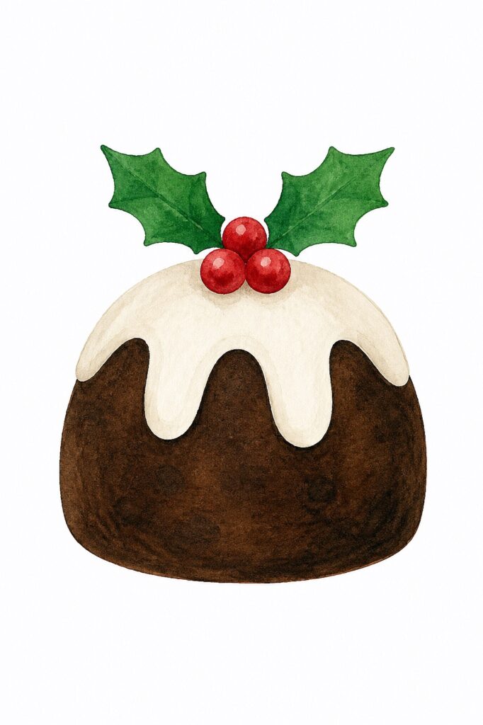 Watercolor Christmas pudding with holly leaves and red berries.