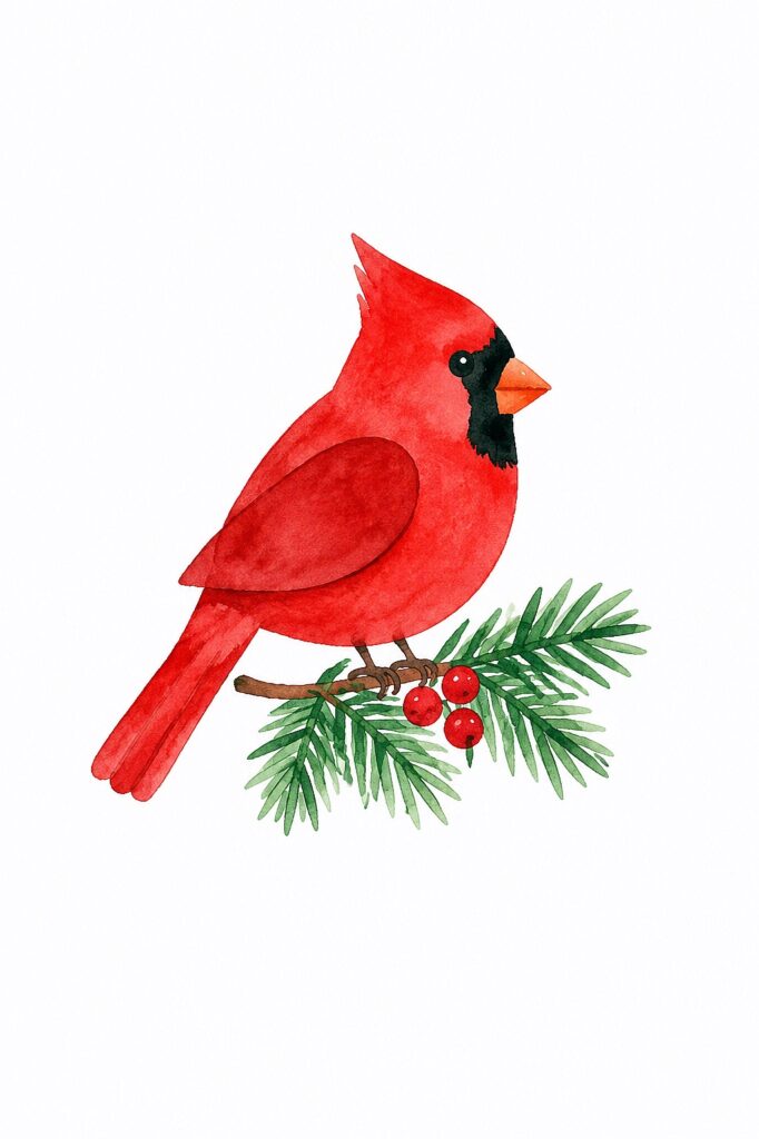 Watercolor painting of a red cardinal bird on pine branch with berries.