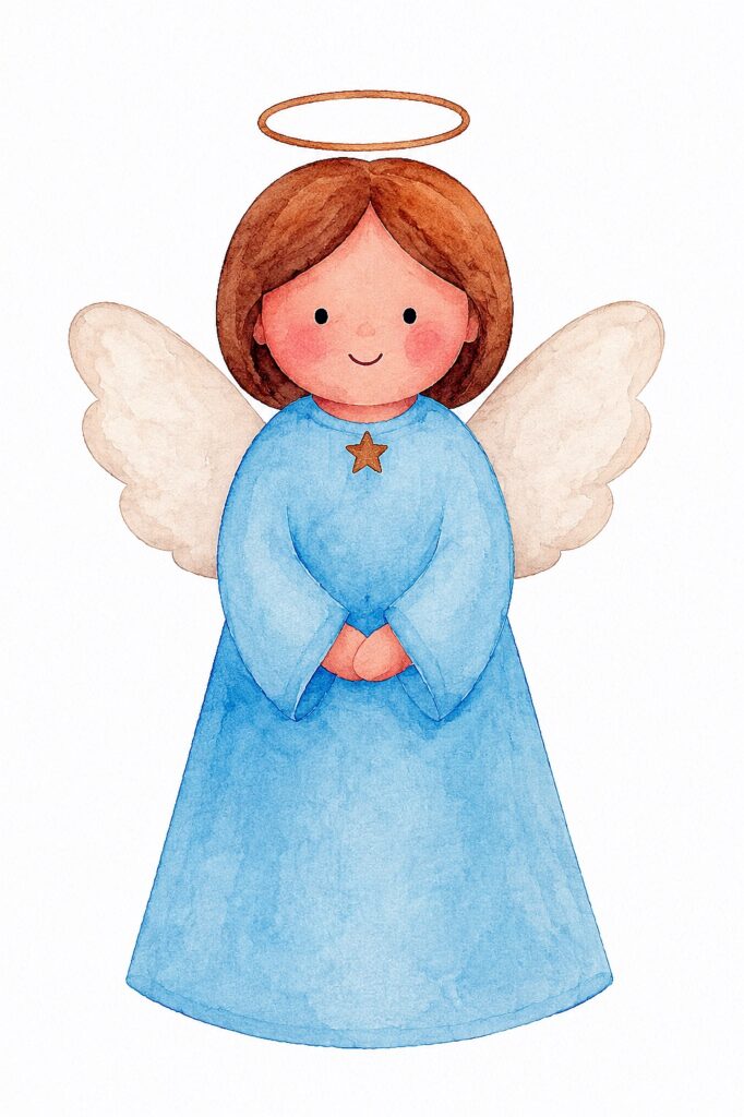 Cute watercolor angel with blue dress, wings, and halo for Christmas decor.